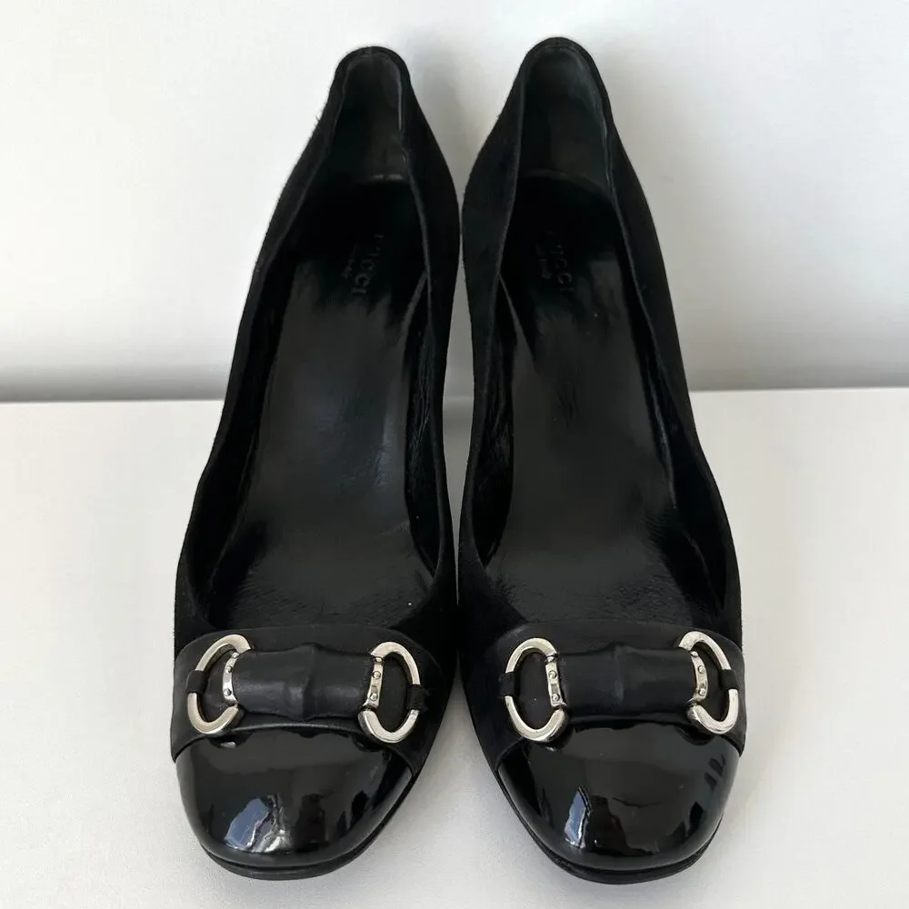 Gucci Classic Black Suede Pumps Bamboo Horsebit Cap Toe IT 39